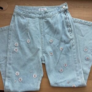 OrderPlus Light Wash Daisy Embroidered High Waist Flare Jeans Women Size M